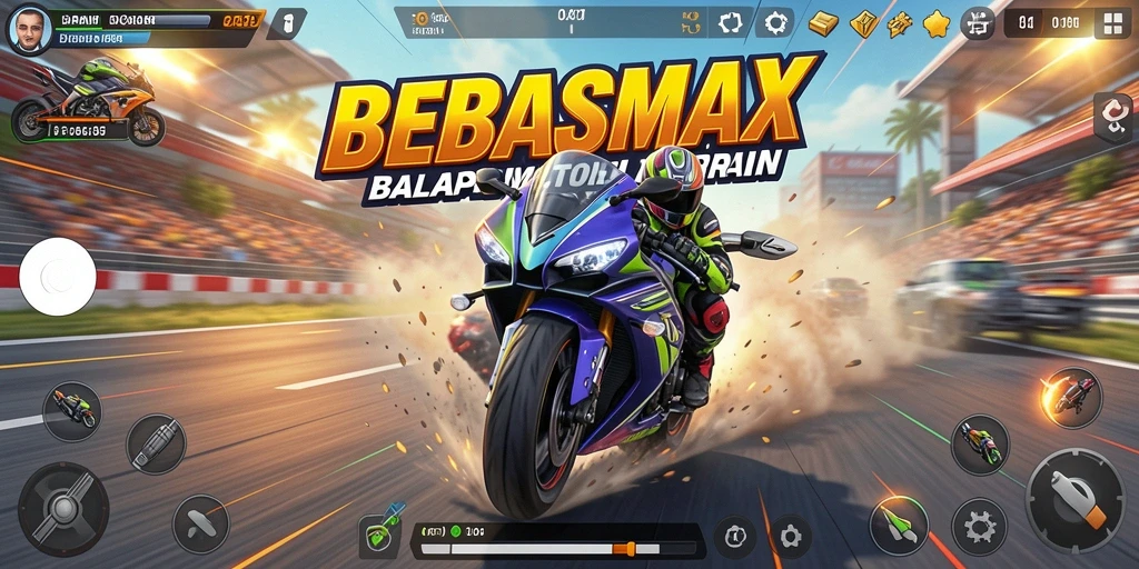 Gameplay mendebarkan di BEBASMAX dengan trek berputar dan motor berkecepatan tinggi.