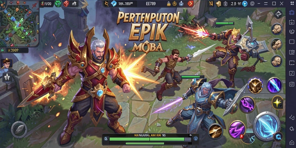 Tangkapan layar gameplay EE789 yang menunjukkan aksi seru dalam pertempuran MOBA.