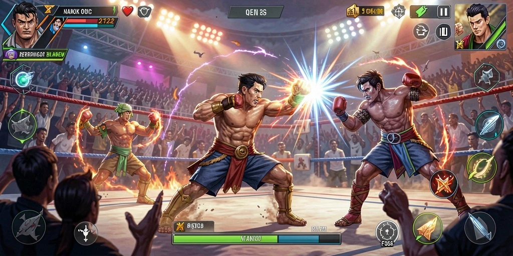 Screenshot menunjukkan pertarungan seru karakter-karakter di F08.