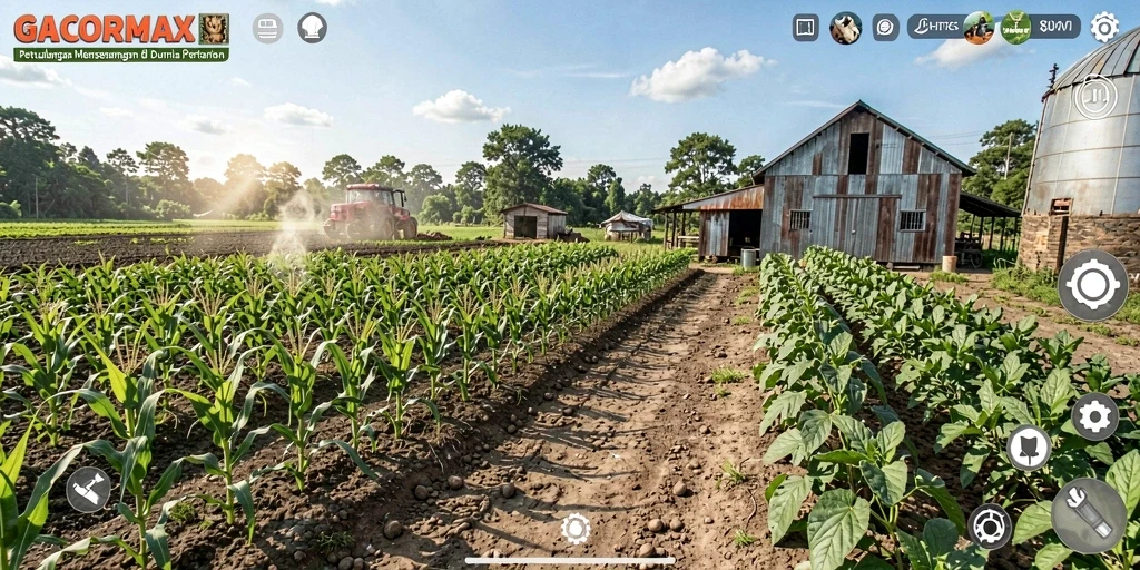 Screenshot GACORMAX menampilkan petani yang sedang merawat ladang subur.