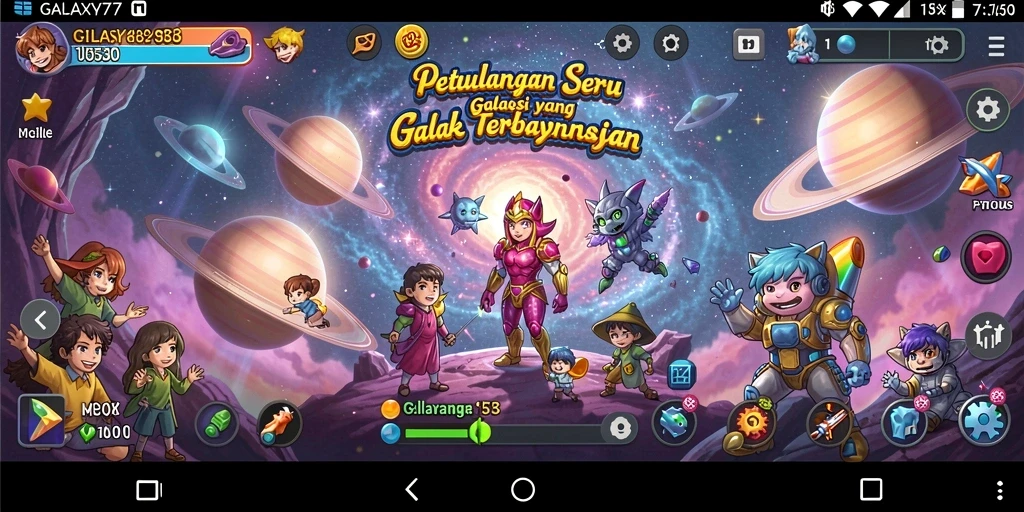 Tangkapan layar gameplay GALAXY77 menampilkan aksi petualangan luar angkasa.
