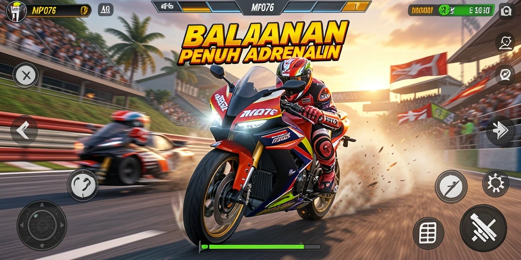 Tampilan menarik dari gameplay MPO76 dengan motor balap yang cepat.