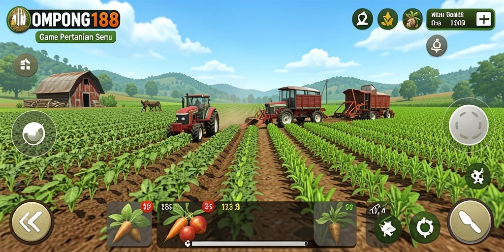 Screenshot gameplay OMPONG188 yang menampilkan ladang yang subur dan tanaman beragam.