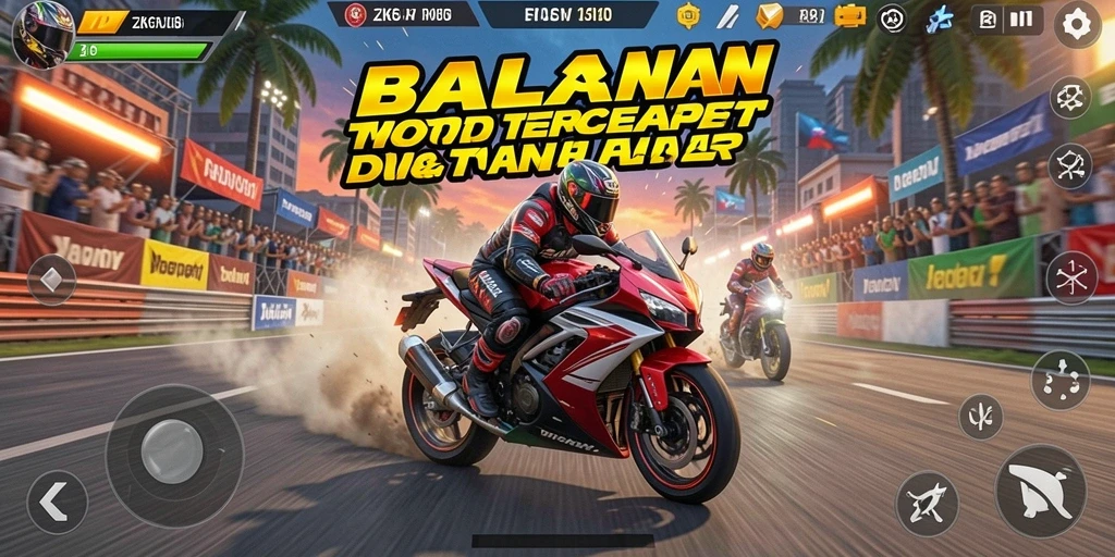 Screenshot gameplay ZK6 menampilkan aksi balapan motor yang mendebarkan.